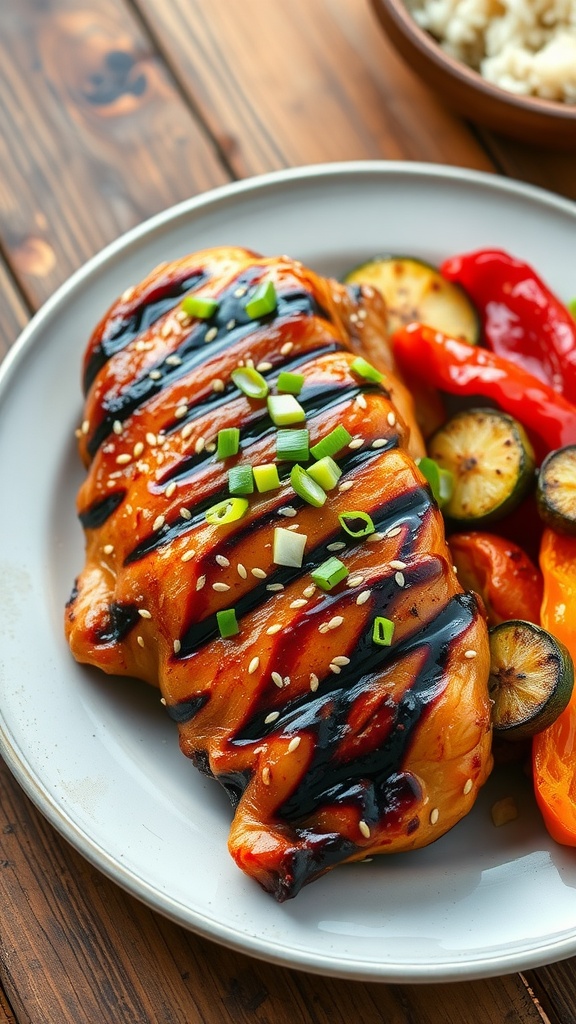Grilled teriyaki chicken with grilled vegetables on a rustic wooden table.